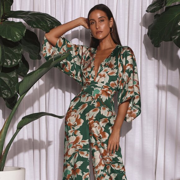 Lulus From Sunrise Teal Floral Print Bell Sleeve Wide-leg Jumpsuit Green - Picture 1 of 5